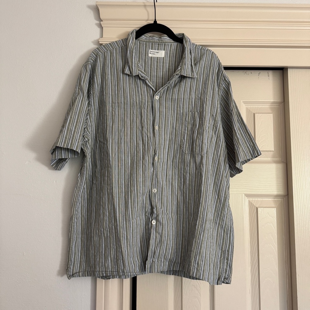 Universal Works Men's Striped Green and Blue Shirt